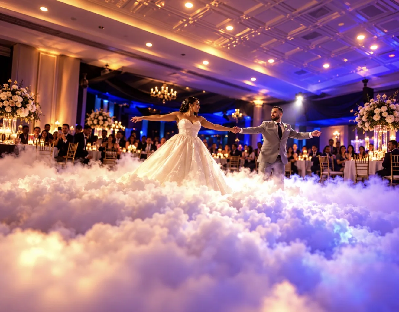 Bride and groom dancing on a cloud that covers the ballroom floor