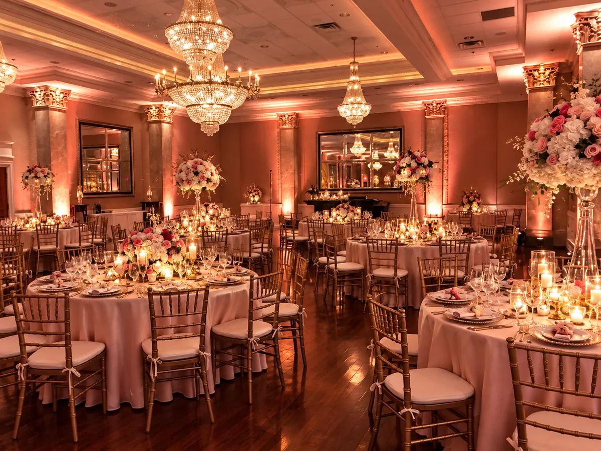 Ballroom in warm amber uplighting with chandeliers and floral centerpieces