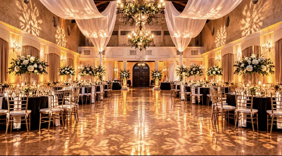 Grand hall with draped ceiling, gold uplighting and pattern lighting across the floor