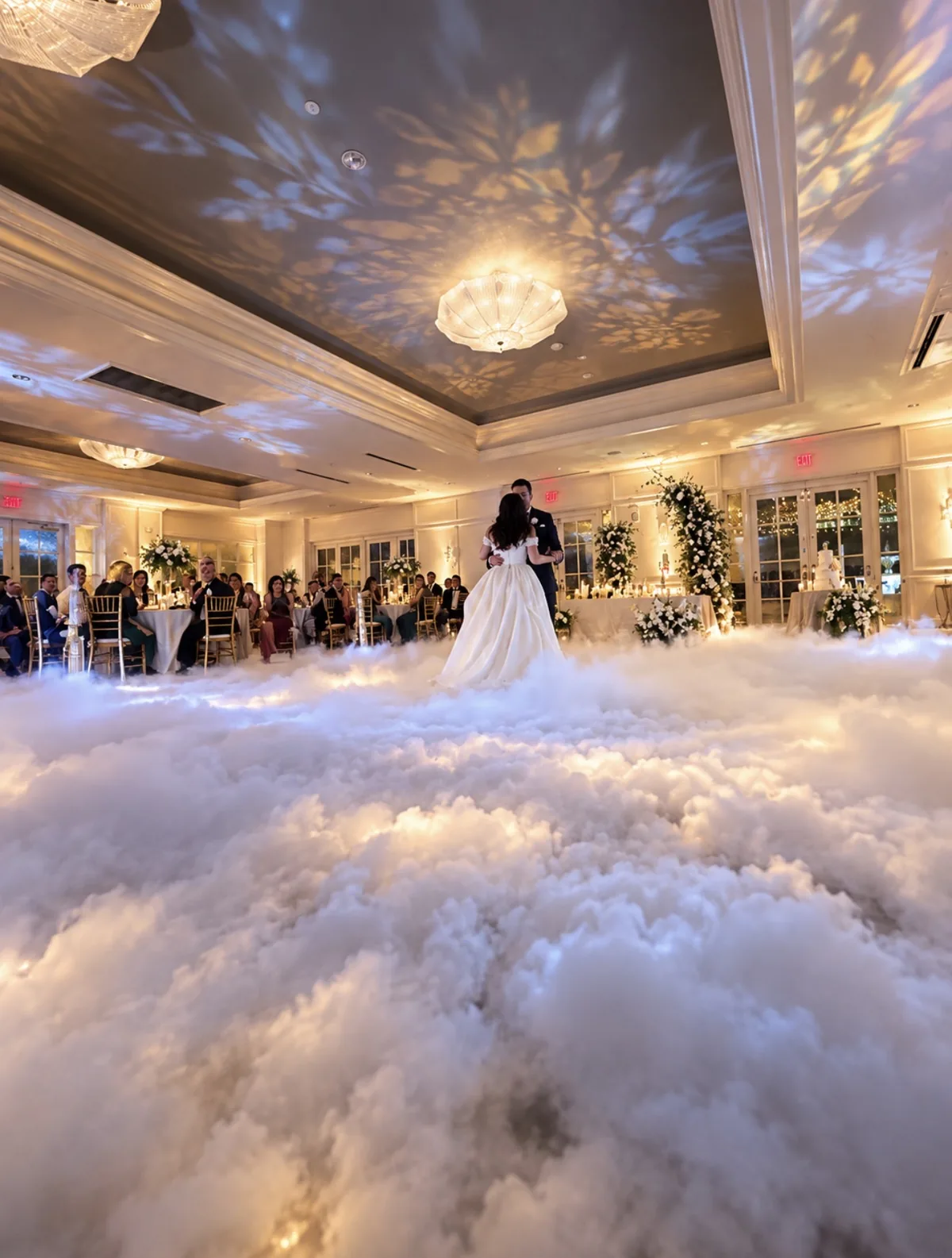 First dance on a thick cloud with pattern lighting on the ceiling