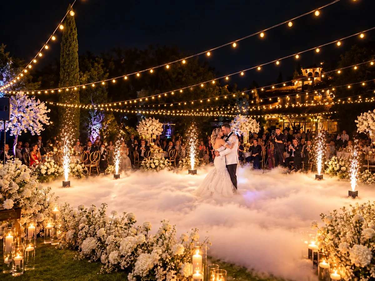 Outdoor first dance on a cloud, ringed by cold spark fountains under string lights