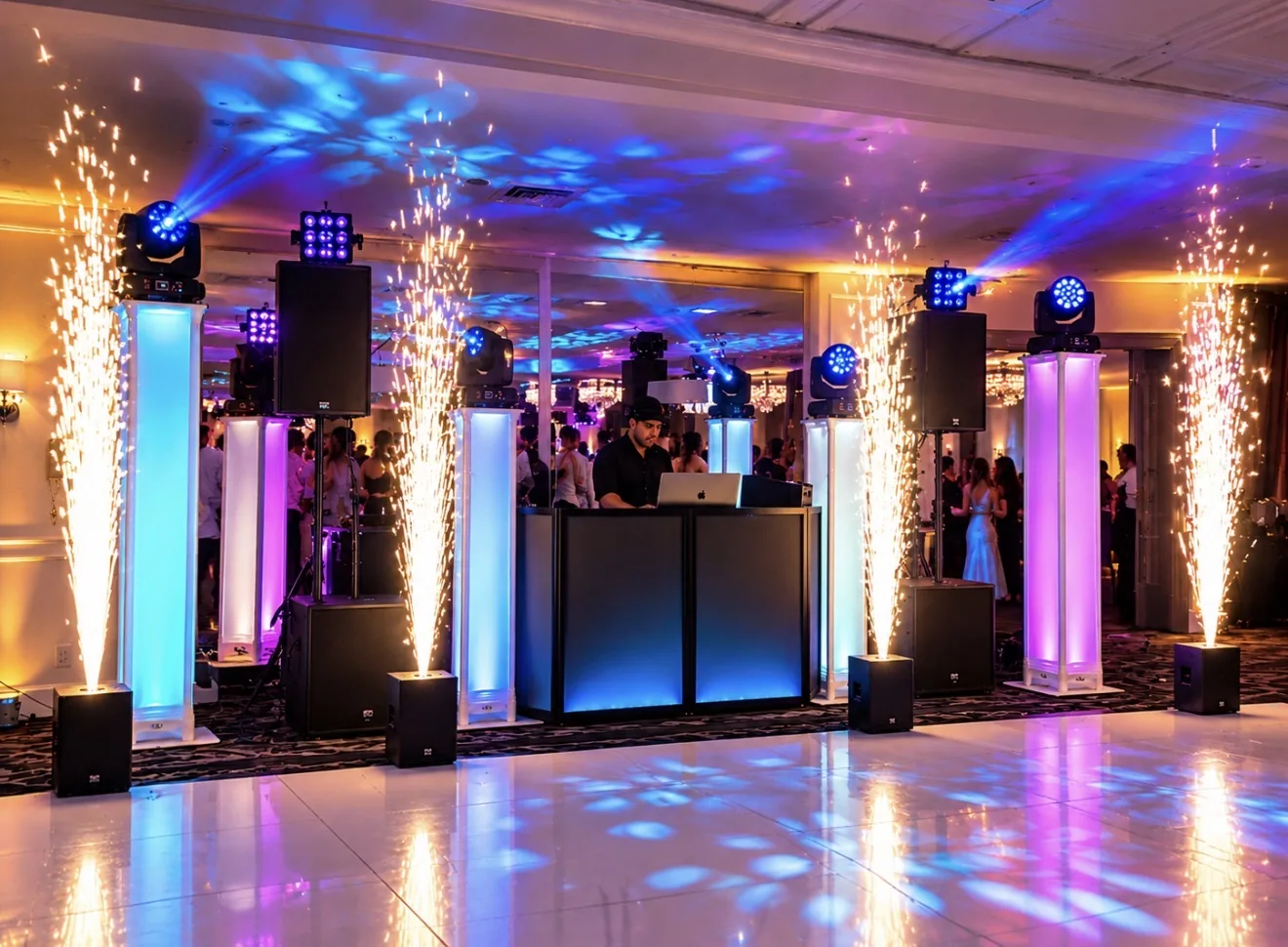 DJ booth with glowing towers, moving-head lights and cold spark fountains