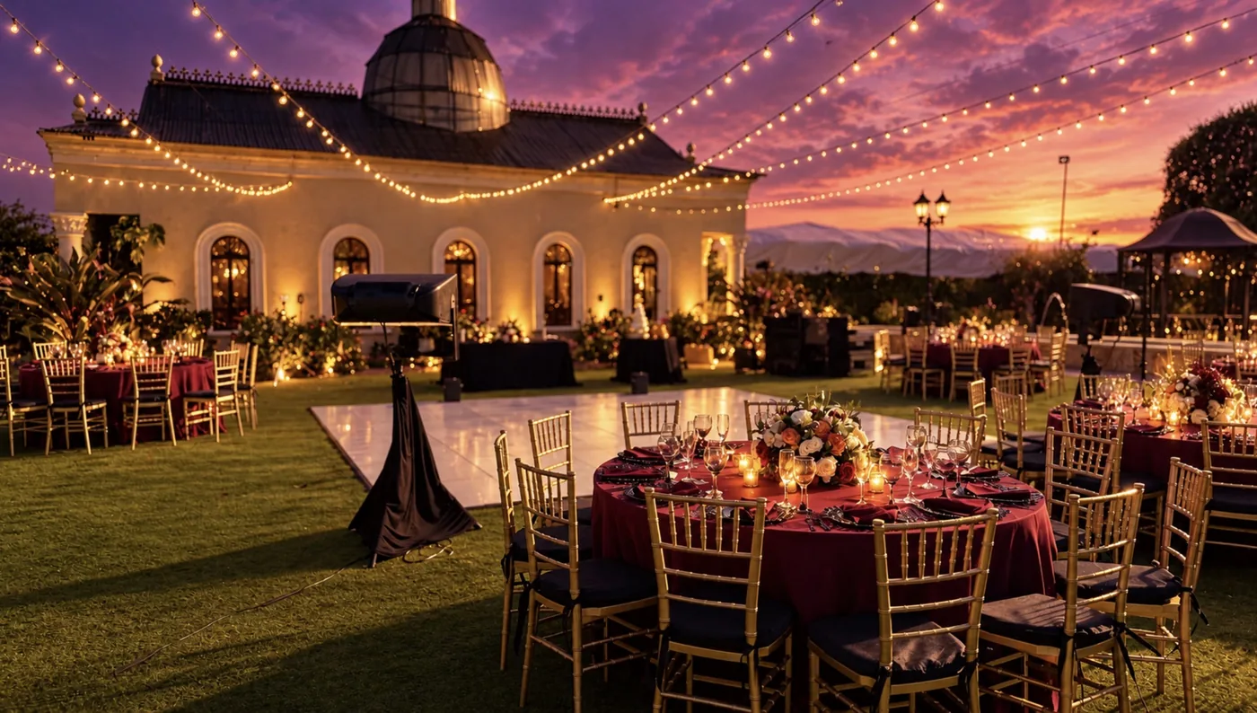 Outdoor reception at sunset with string lights, a white dance floor and speakers on stands